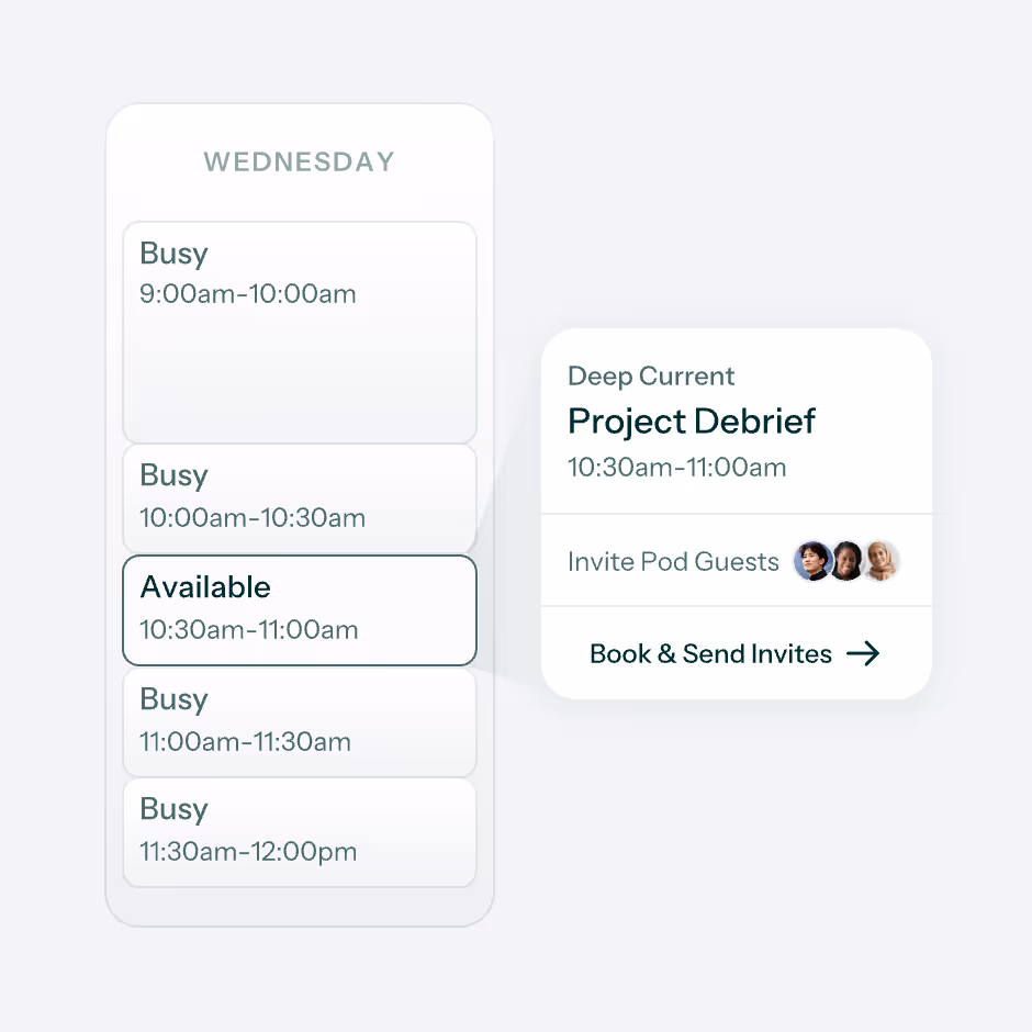 Calendar showing a "Project Debrief" event at 10:30am. Previous slots marked as busy.