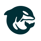 A stylized blue dolphin logo, depicted with a simple curved body and flippers.