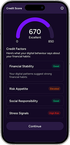 An app screen of a credit score showing how social media data has influenced it