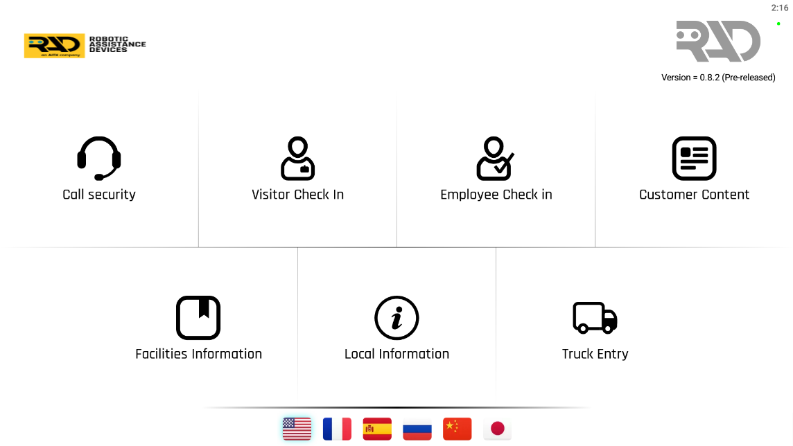 RADGuard check-in screen with call security, visitor check-in, employee check-in, and truck entry buttons