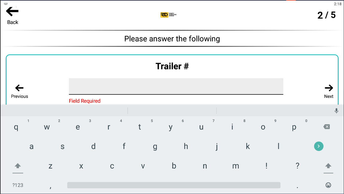 RADGuard truck entry screen asking for the trailer number, with an on-screen keyboard