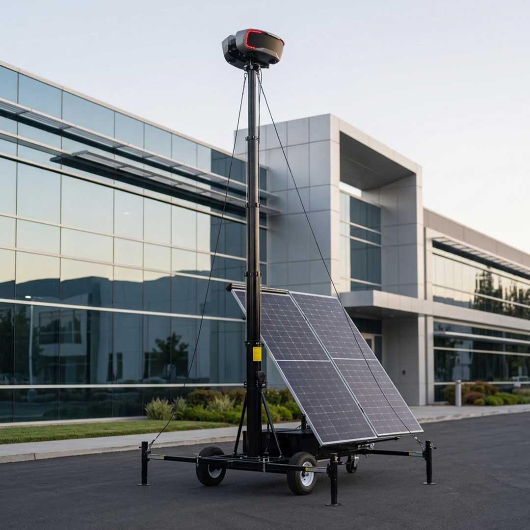 Solar-powered security camera system set up at night in an urban area with tall buildings and palm trees.