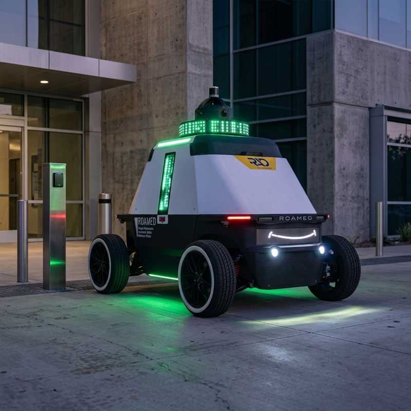 ROAMEO autonomous security robot with green LED lights parked in an empty parking lot at night.