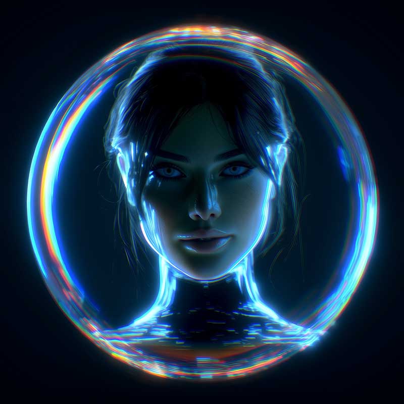 Portrait of a woman with blue eyes and slicked-back black hair, framed by a glowing circular light ring on a black background.