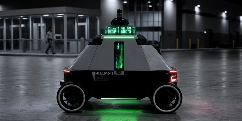 ROAMEO, RAD's Physical AI patrol vehicle, on a lit commercial lot at night while a person walks past the building entrance