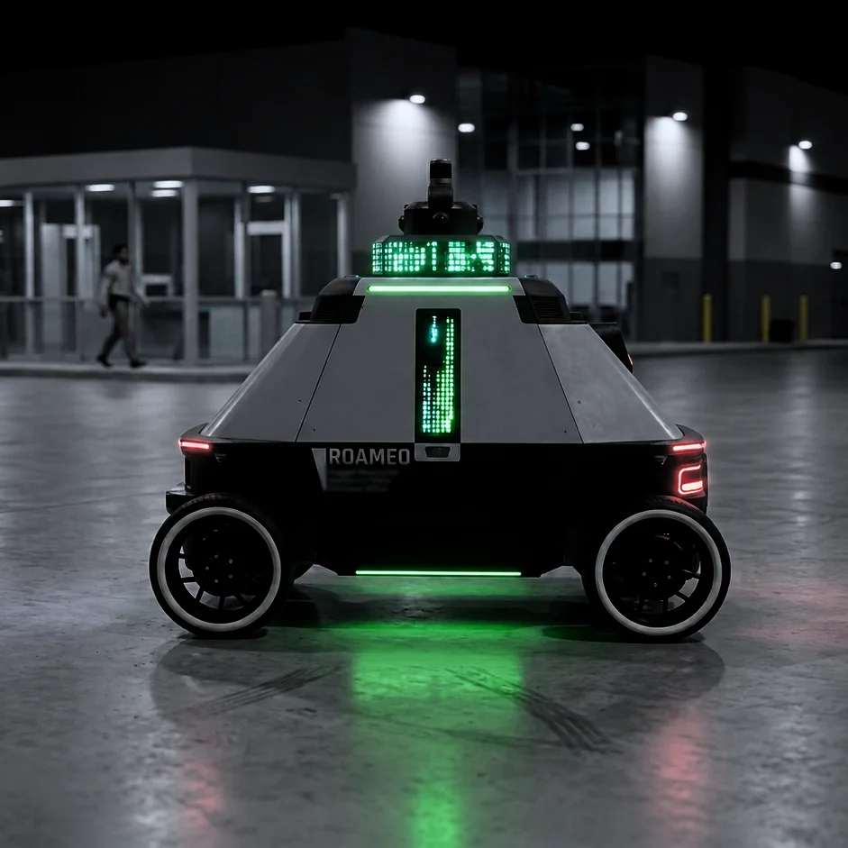 ROAMEO, RAD's Physical AI patrol vehicle, on a lit commercial lot at night while a person walks past the building entrance