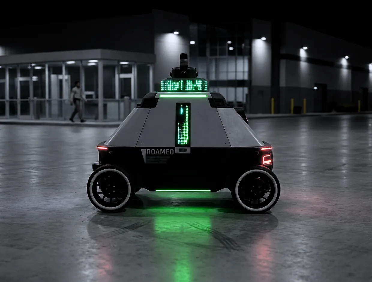 ROAMEO, RAD's Physical AI patrol vehicle, on a lit commercial lot at night while a person walks past the building entrance