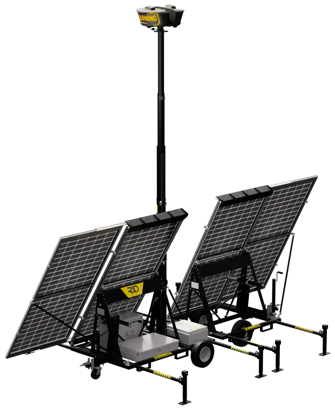 RIO 360 mobile security trailer with two ROSA Edge AI units on a raised 16 ft mast and a four-panel solar array