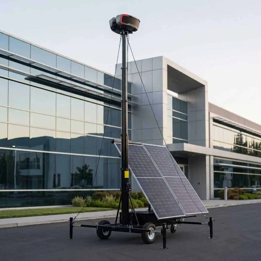 RIO 360 solar-powered mobile security trailer with four panels and its raised mast in a parking lot
