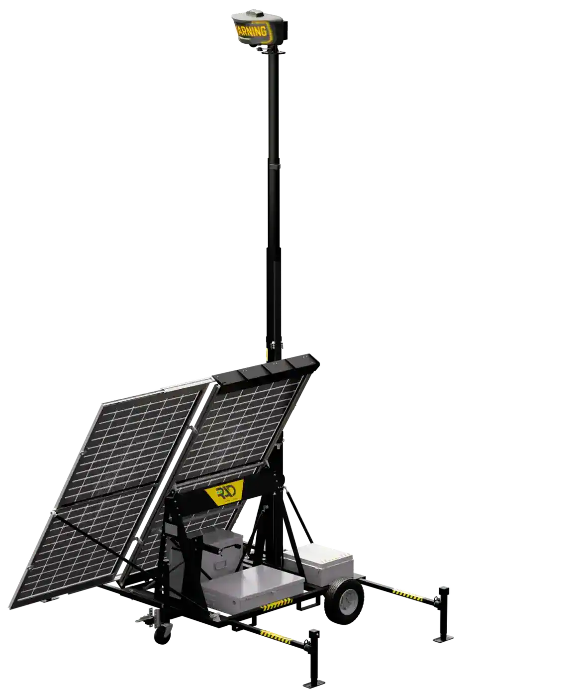 RIO 180 mobile security trailer with one ROSA Edge AI unit on a raised 16 ft mast and a two-panel solar array