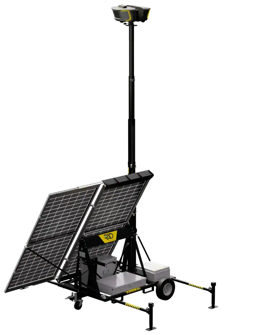 RIO Mini mobile security trailer with two ROSA Lite units on a raised 16 ft mast and a two-panel solar array