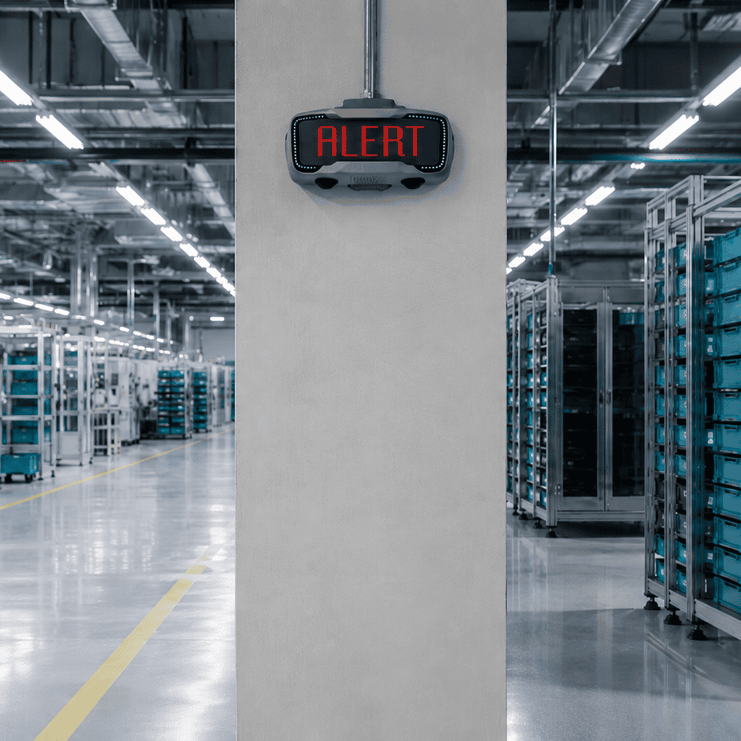 ROSA Edge AI security camera wall mounted above a row of service bay doors, its LED display showing WELCOME