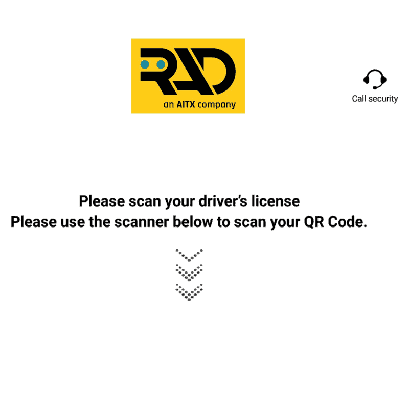RADGuard screen asking the driver to scan a driver's license or a QR code