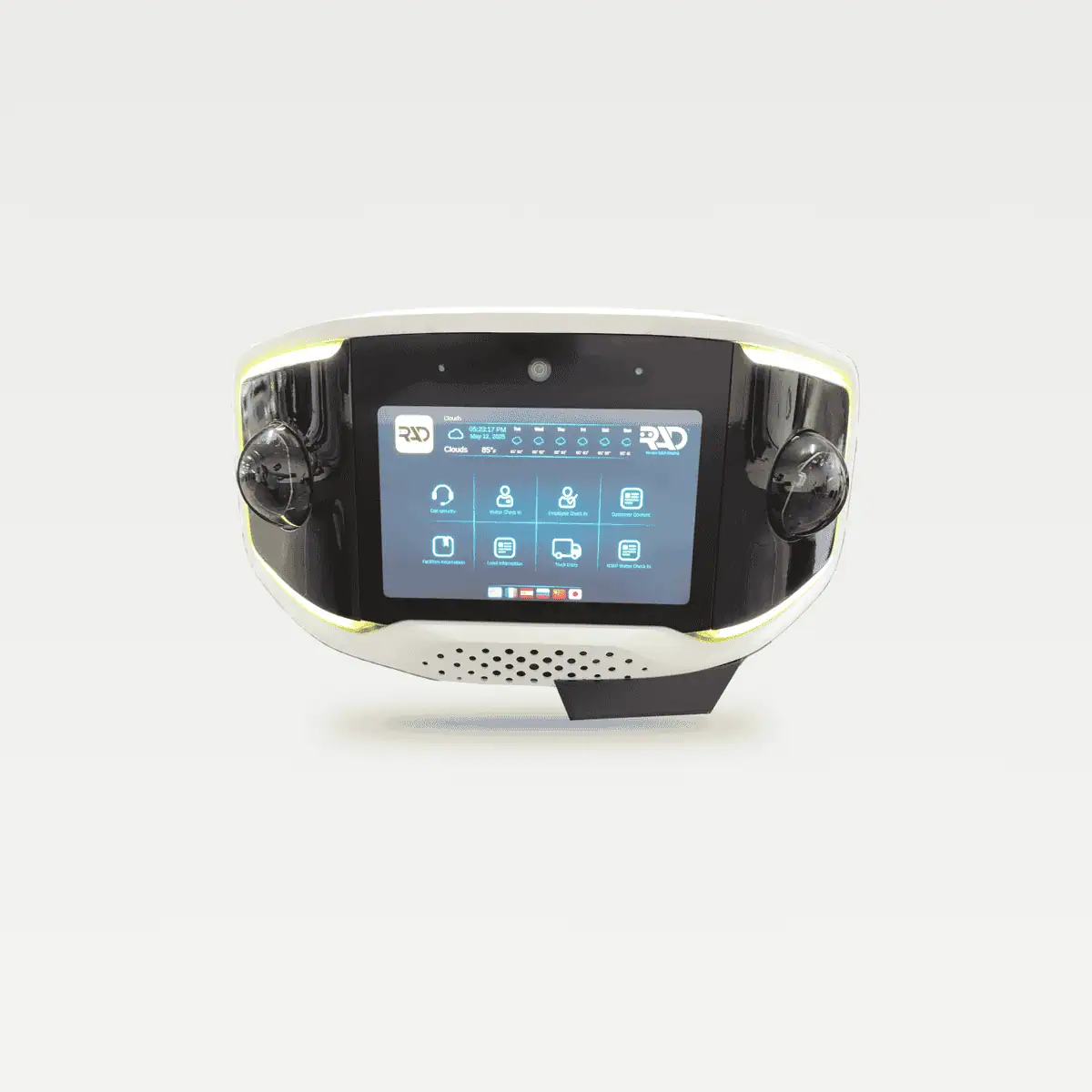 AVA Gen4 gate access unit seen straight on, its touchscreen showing the RADGuard check-in menu, on a light grey background