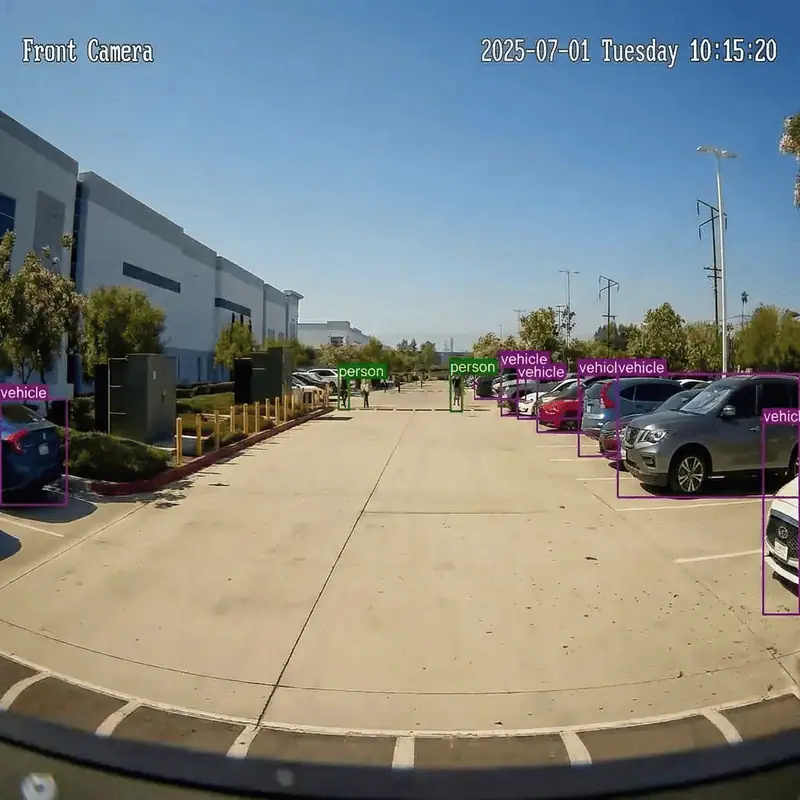 ROAMEO front-camera view of a daytime parking lot with detection boxes on parked vehicles and two people