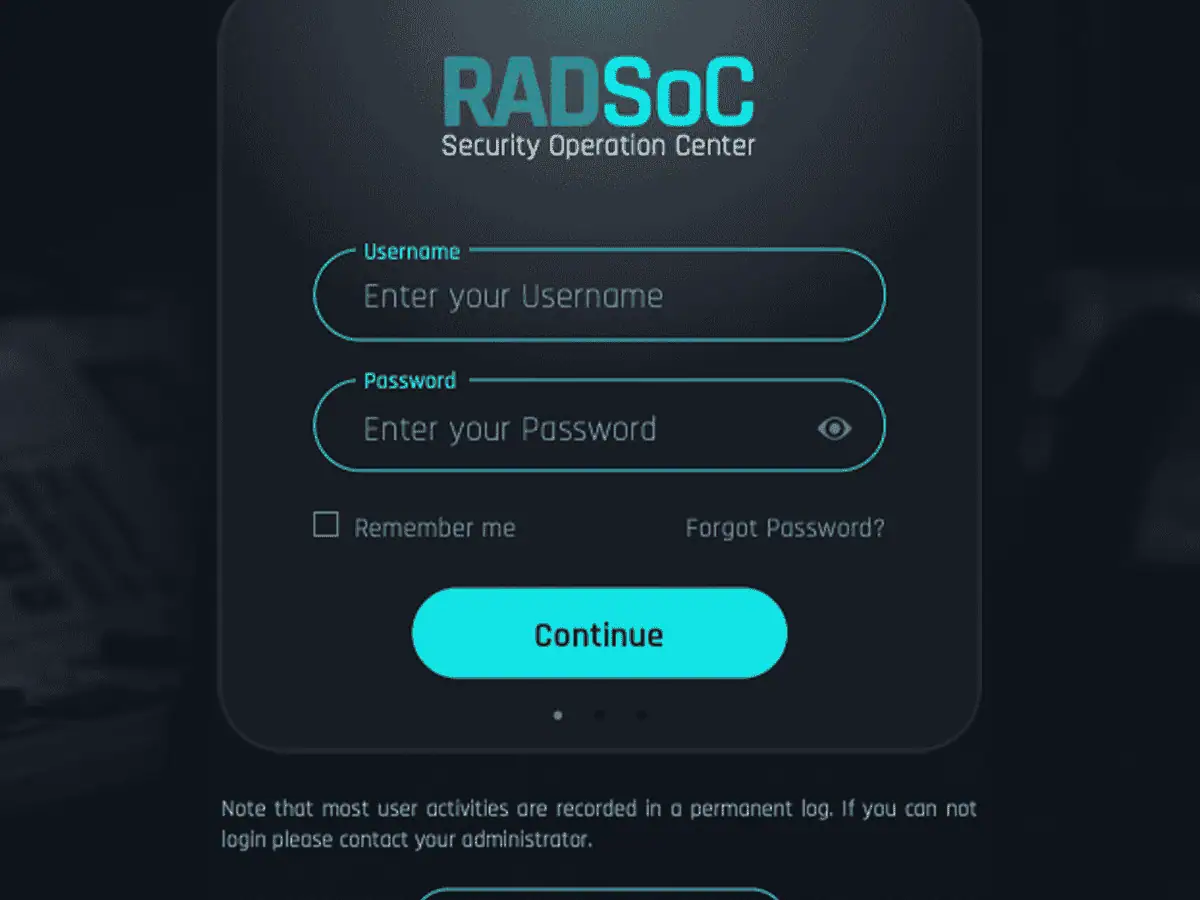 RADSoC Security Operation Center sign-in screen with username and password fields