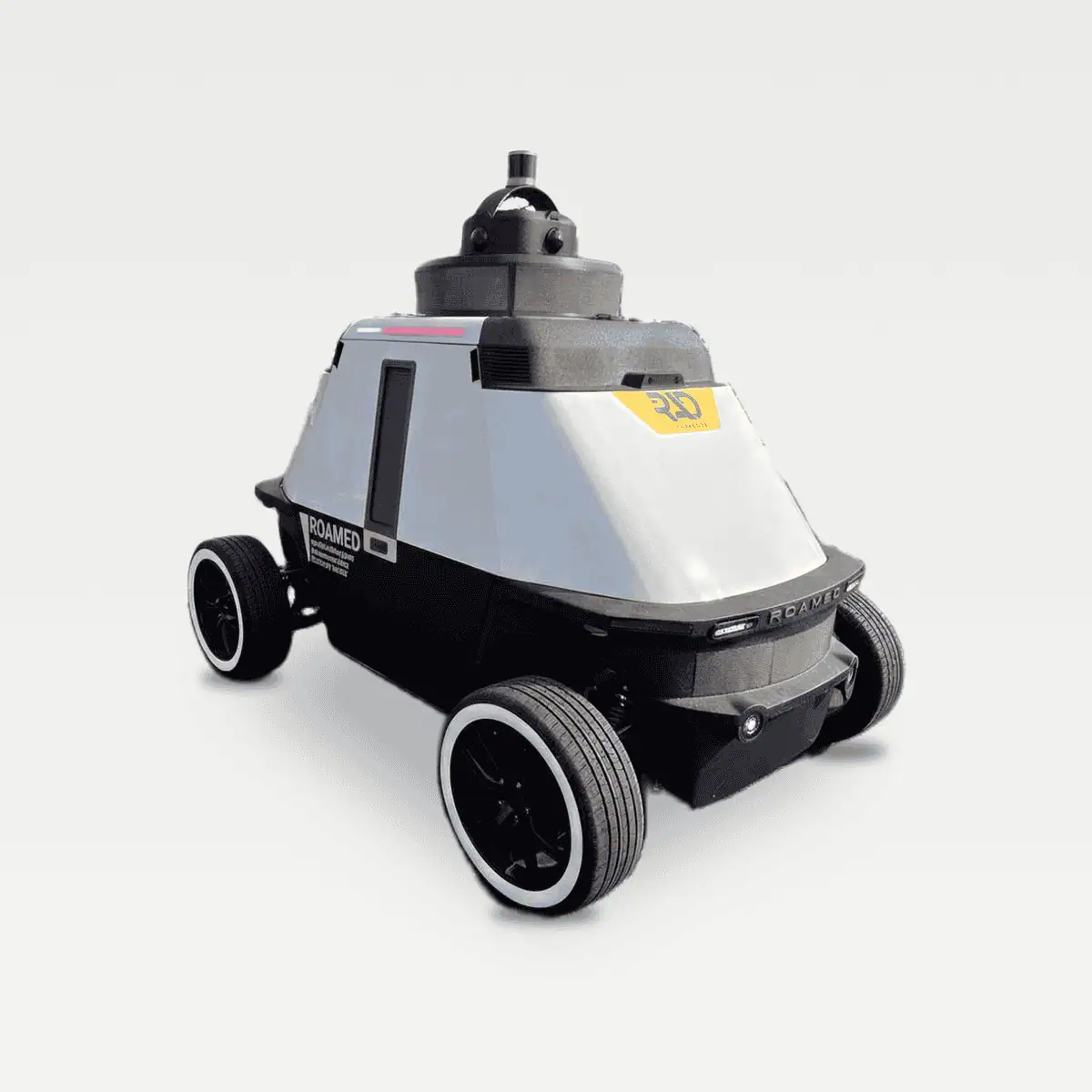 ROAMEO security patrol robot in three-quarter view on a light grey background