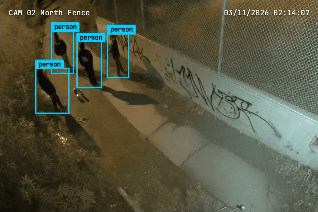 Night camera frame of a fence line with four people inside cyan person detection boxes, labeled CAM 02 North Fence, 03/11/2026 02:14:07