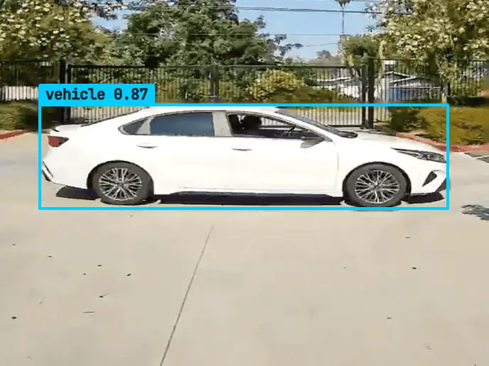 White sedan detected as a vehicle beside a gate