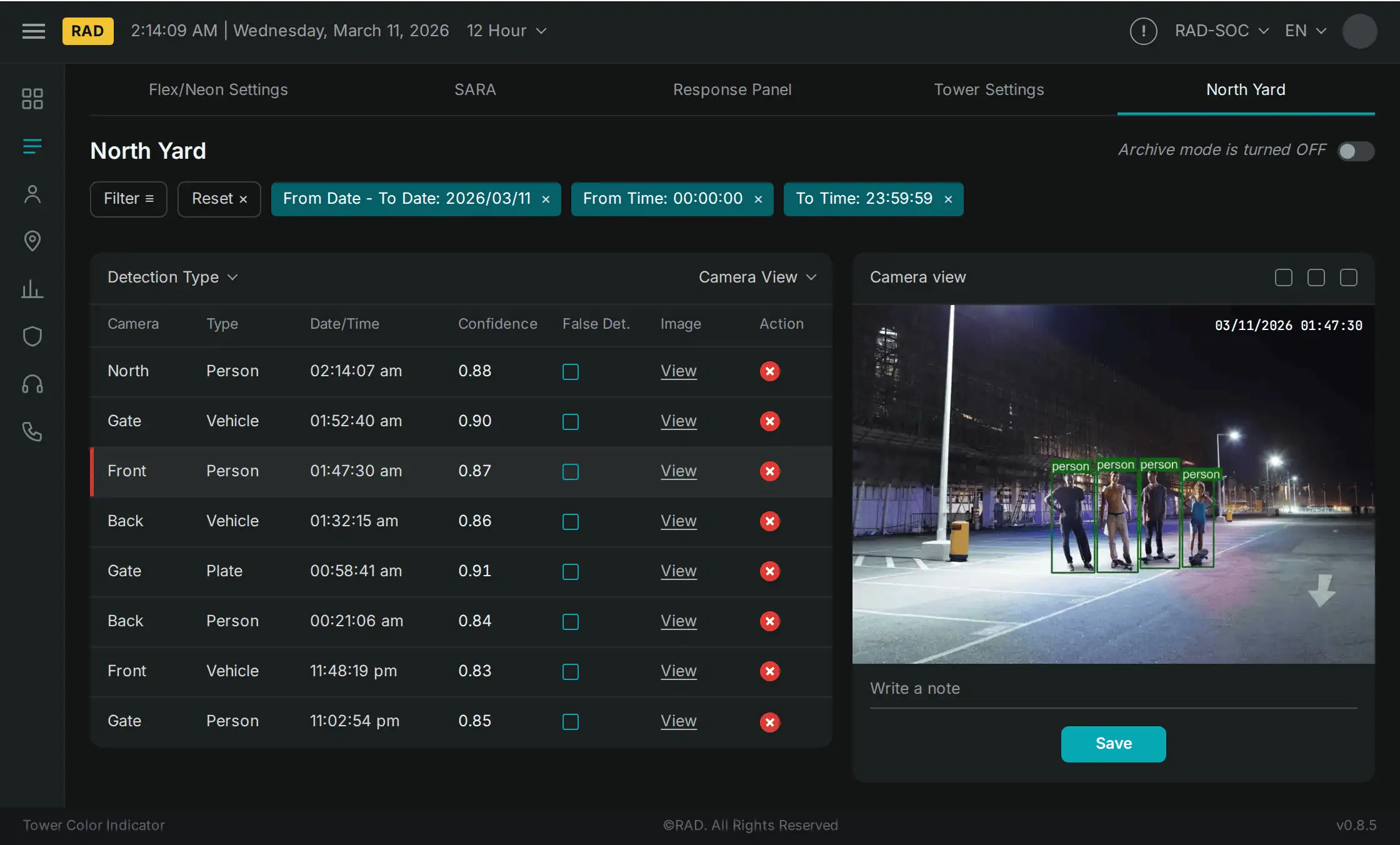 RADSOC detection events screen for North Yard on Wednesday, March 11, 2026, with date and time filters, a list of person, vehicle, and plate events with confidence scores, and the night camera frame behind the selected event