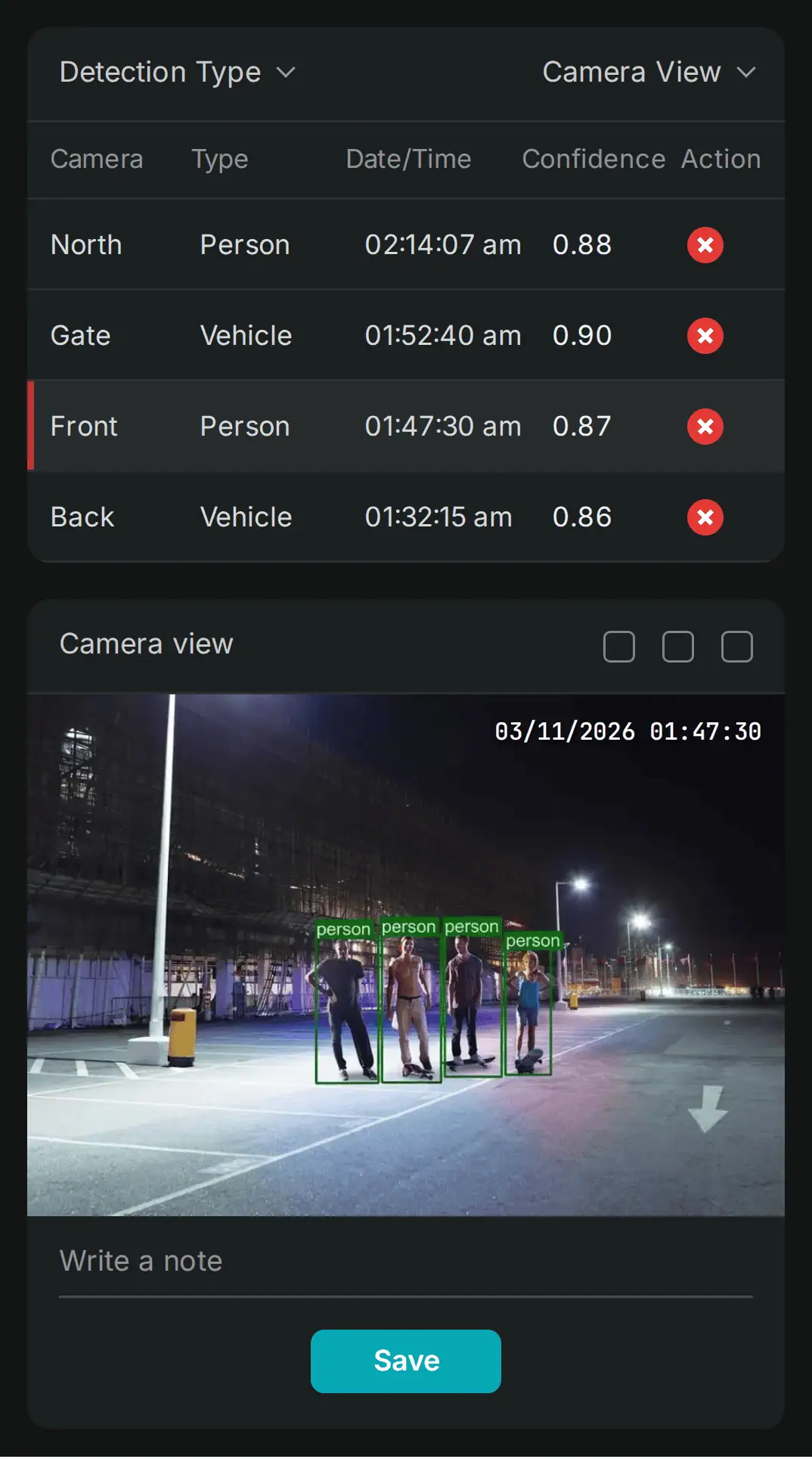 RADSOC detection events screen for North Yard on Wednesday, March 11, 2026, with date and time filters, a list of person, vehicle, and plate events with confidence scores, and the night camera frame behind the selected event