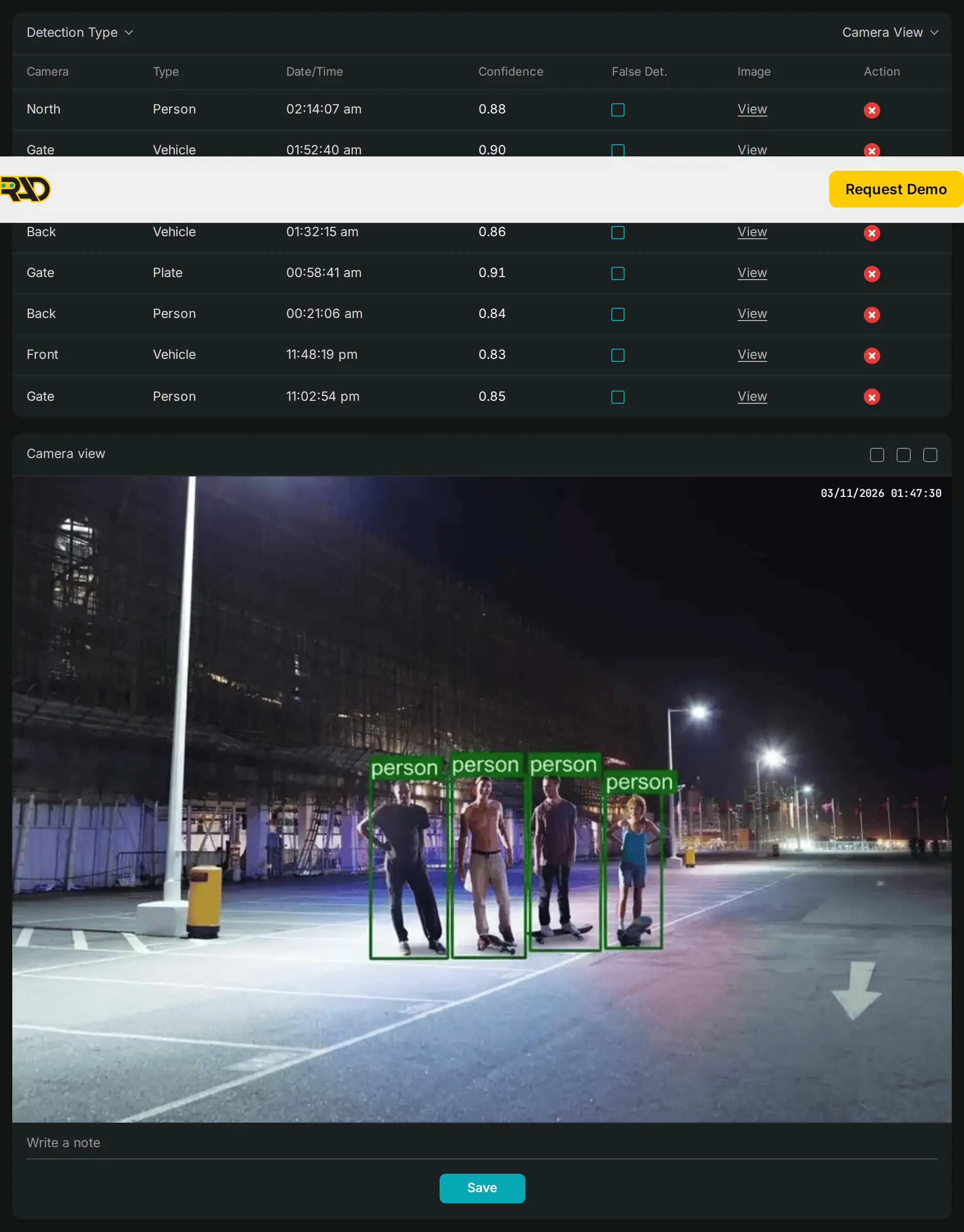 RADSOC detection events screen for North Yard on Wednesday, March 11, 2026, with date and time filters, a list of person, vehicle, and plate events with confidence scores, and the night camera frame behind the selected event