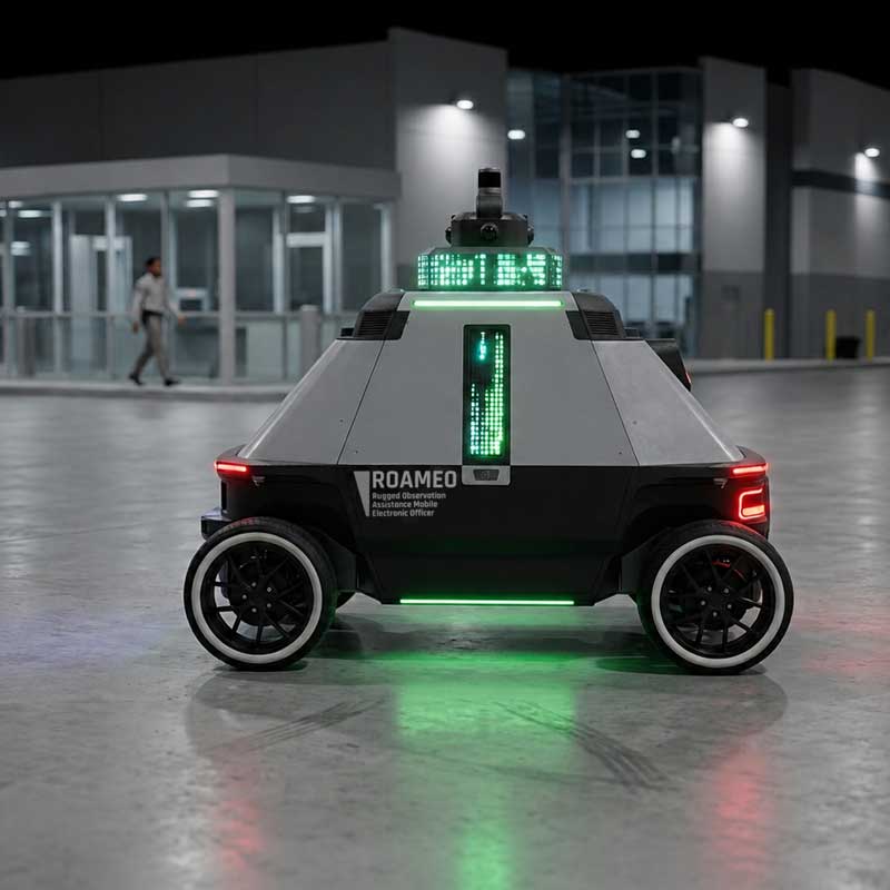 ROAMEO, RAD's Physical AI patrol vehicle, on a lit commercial lot at night while a person walks past the building entrance