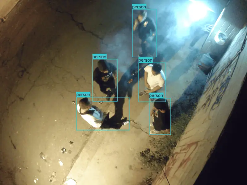 Overhead night frame of five people near a wall, each inside a cyan person detection box