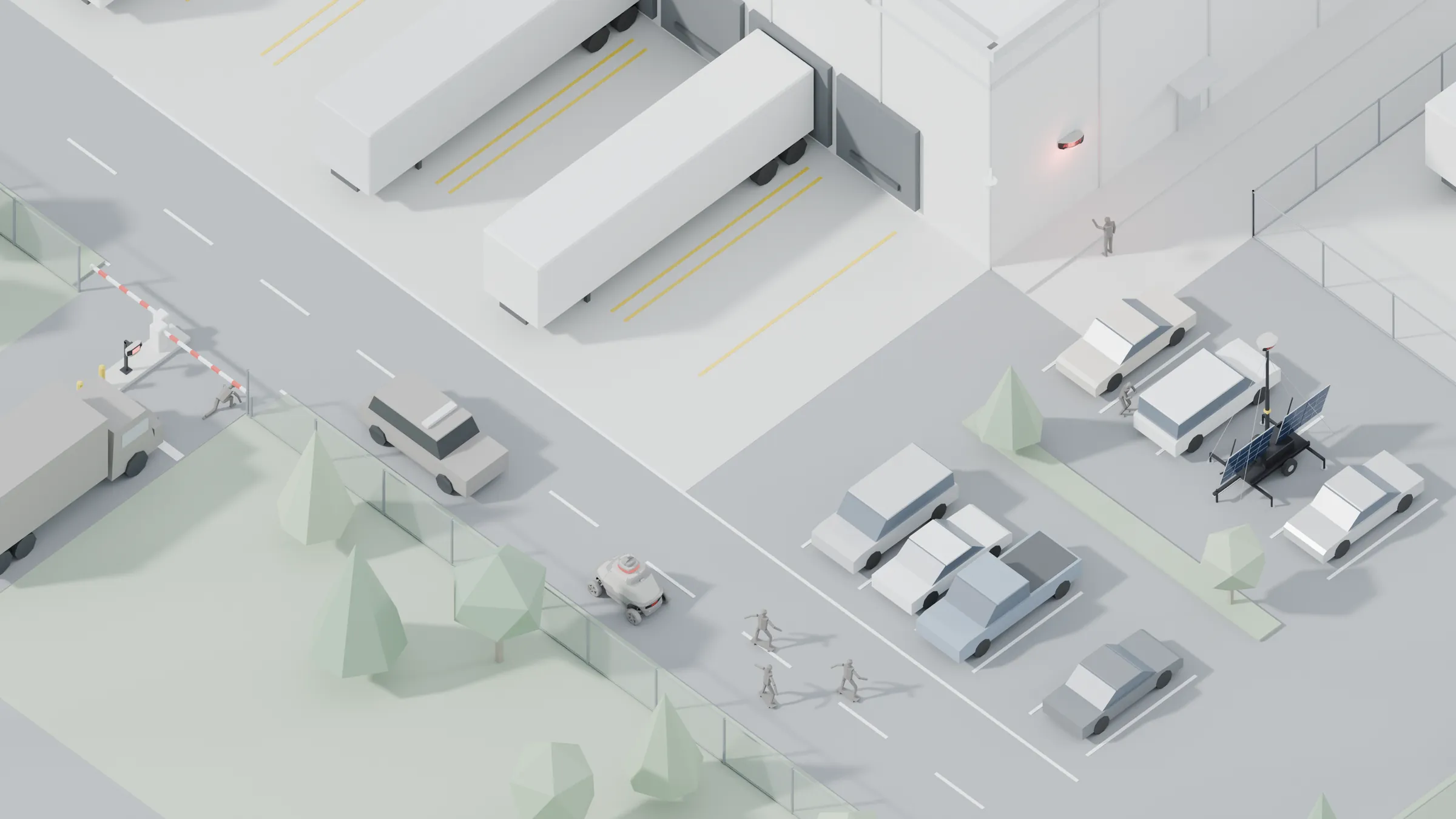 Concept visual of one site with four events at once: a truck denied and a person under the barrier arm at AVA's gate, a person in the employee lot by RIO, a person at the building under ROSA and your cameras, and three skateboarders by ROAMEO on the drive. SARA Agentic AI links to all four devices.