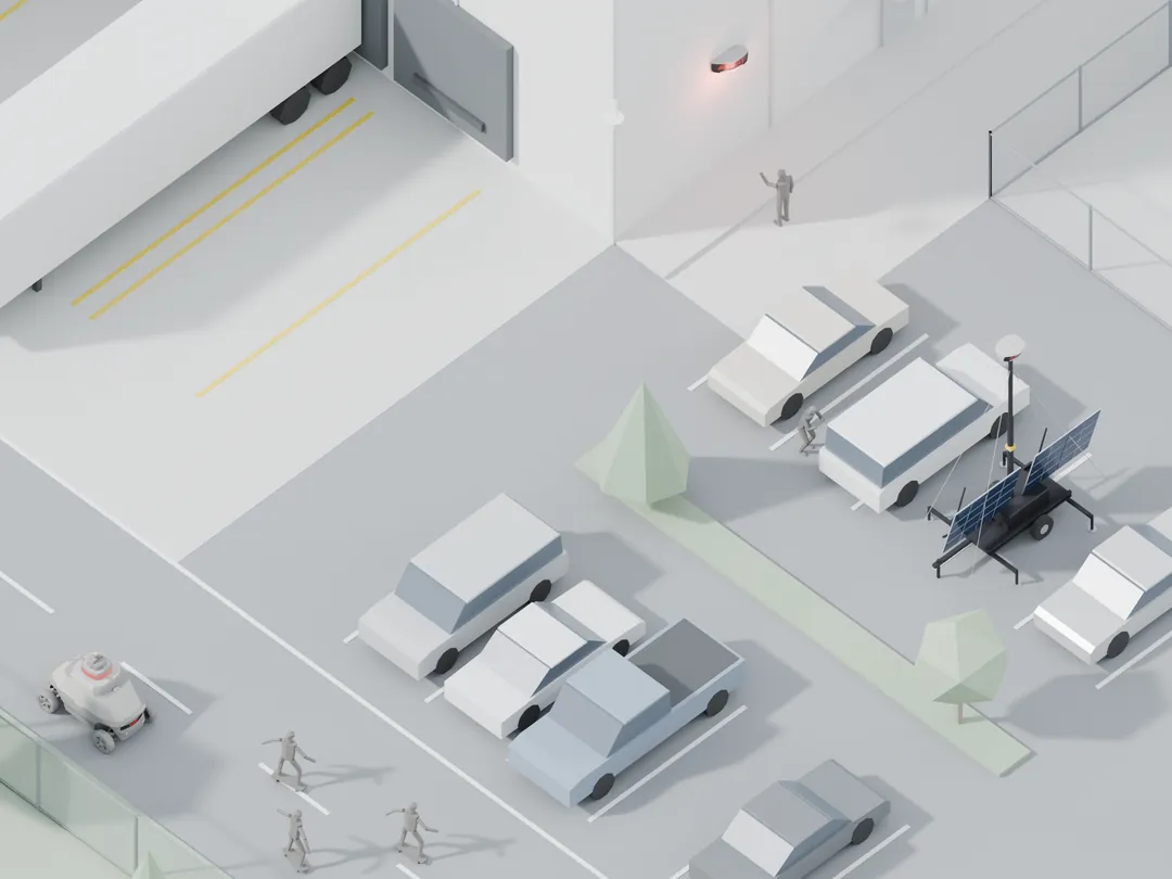 Concept visual of one site with three events at once: a person in the employee lot by RIO, a person at the building under ROSA, and three skateboarders by ROAMEO on the drive. SARA Agentic AI links to the devices.