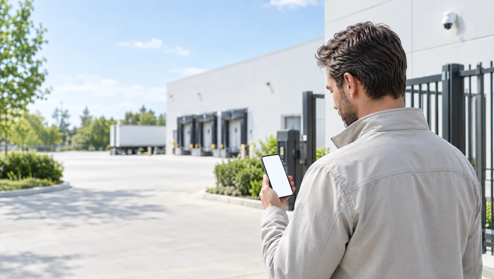 A facility manager in a warehouse yard checks notifications from an AI agent on his phone