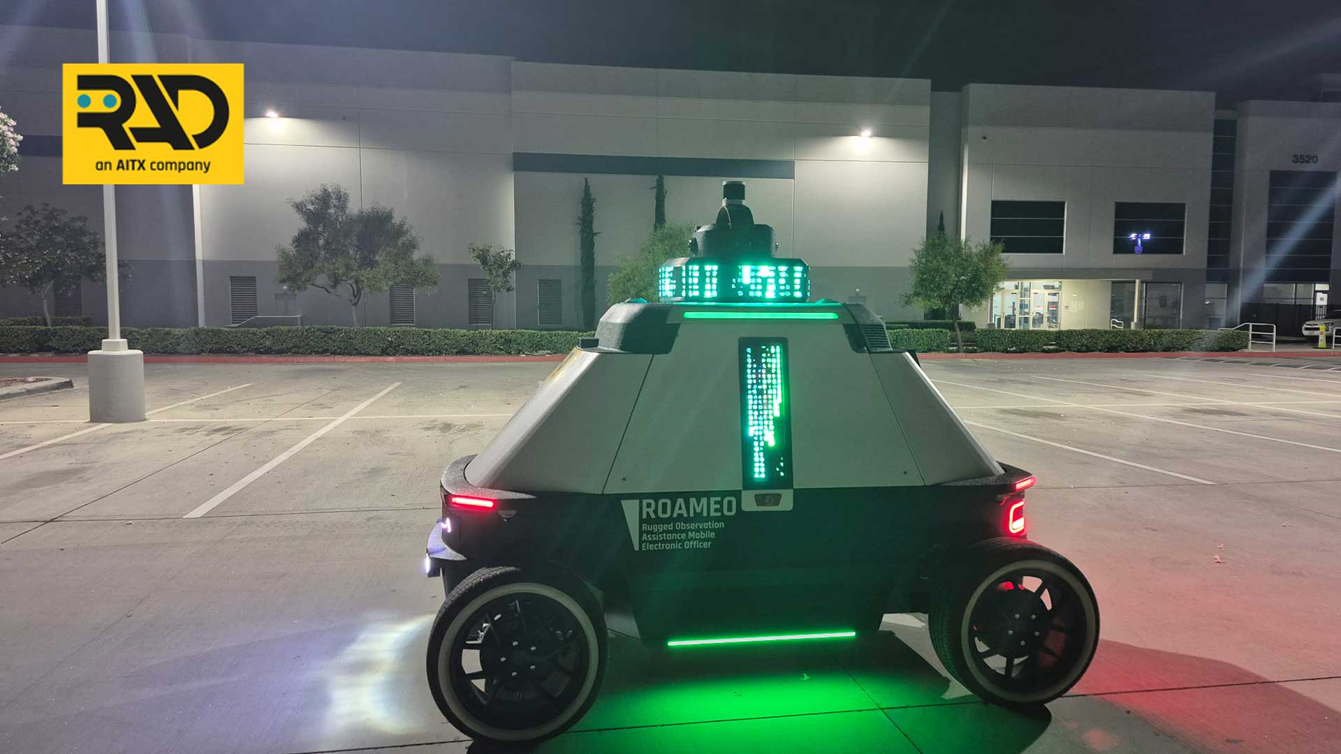 ROAMEO™ (Rugged Observation Assistance Mobile Electronic Officer) is RAD's autonomous patrol vehicle, manufactured in the United States and designed to deliver 24/7 perimeter security without fatigue, gaps, or inconsistency. Built by Robotic Assistance Dev