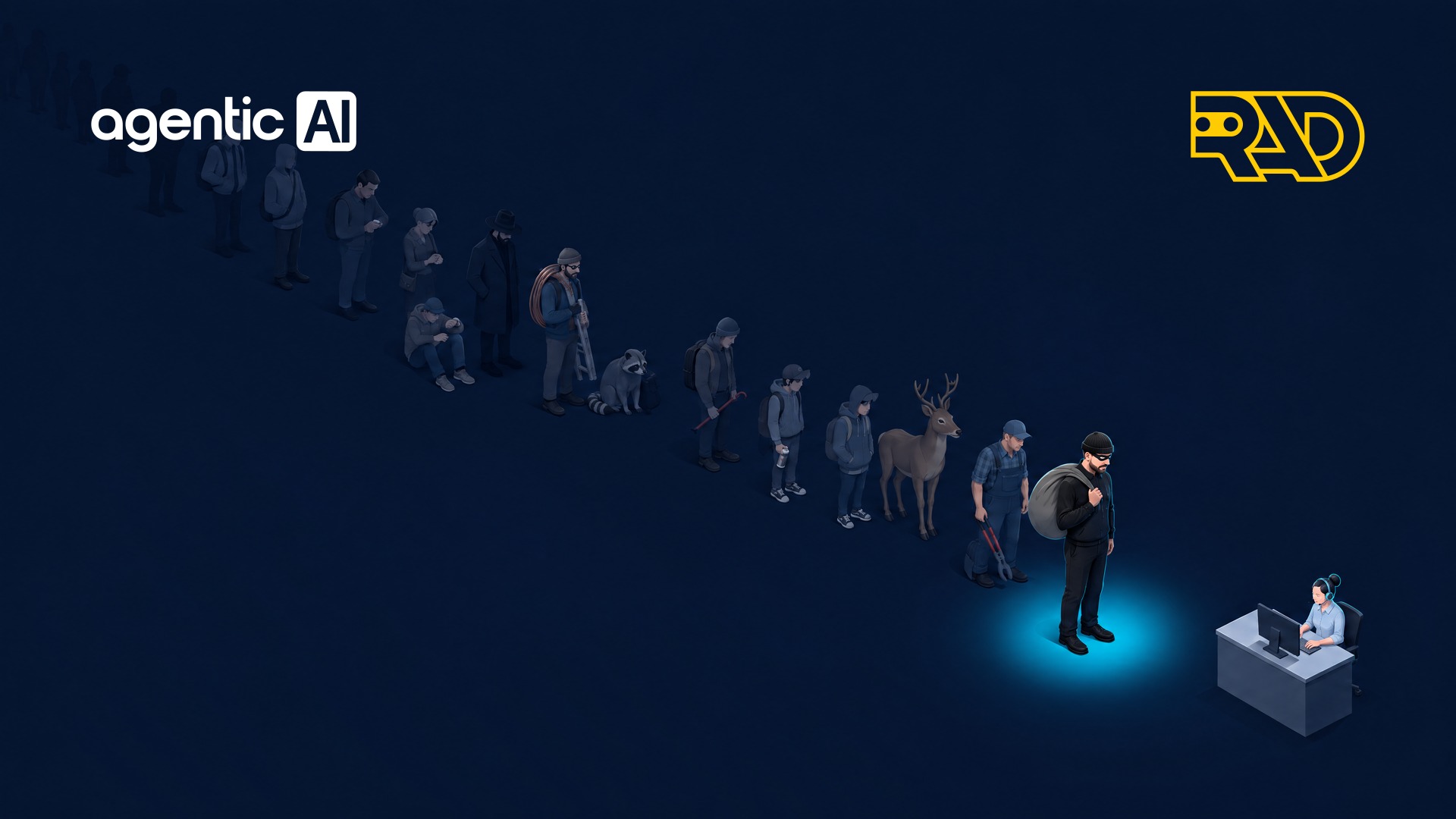 Isometric illustration of intruders, a deer and a raccoon waiting in a long line for one monitoring operator