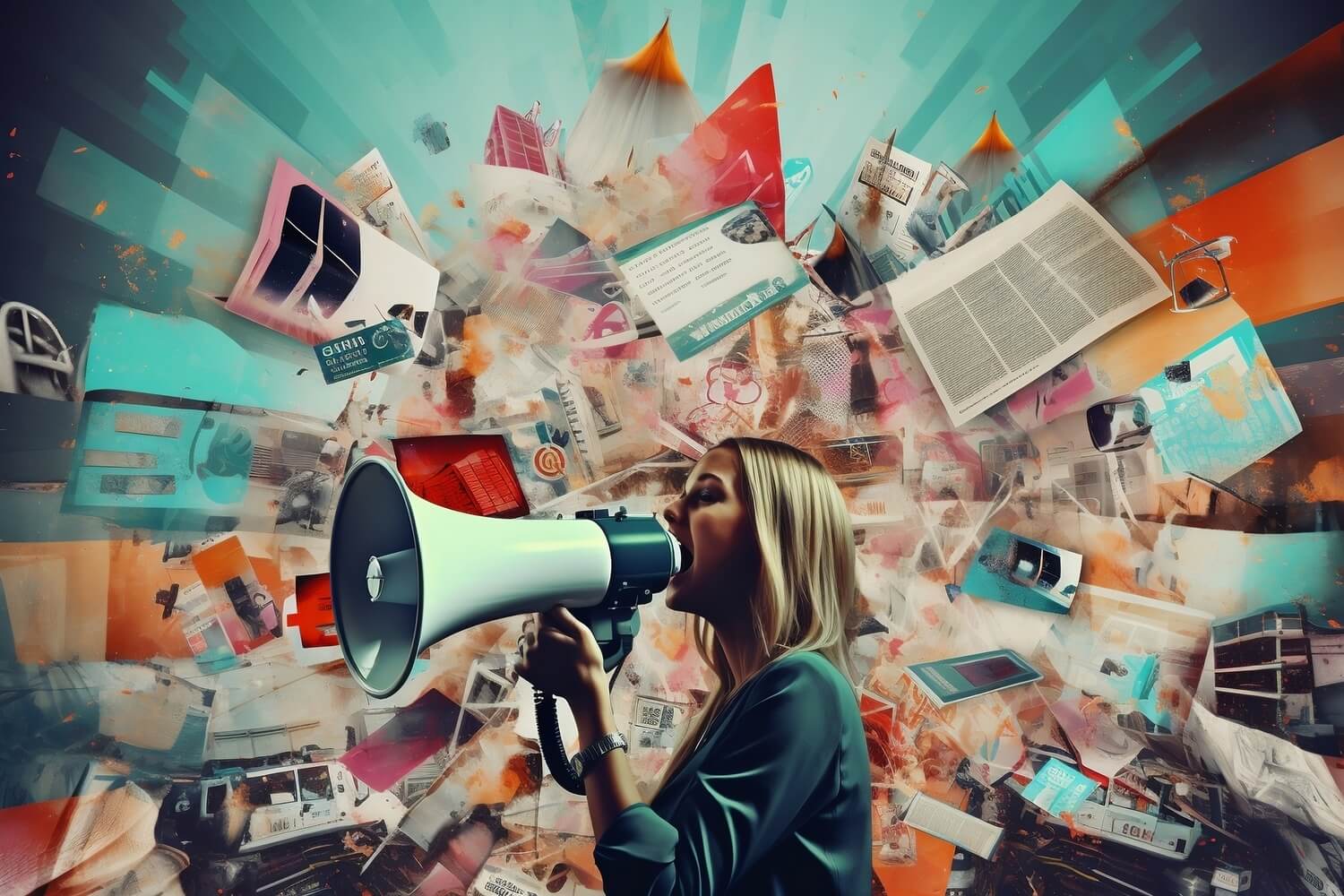 Chica hablando con altavoz rodeada de objetos