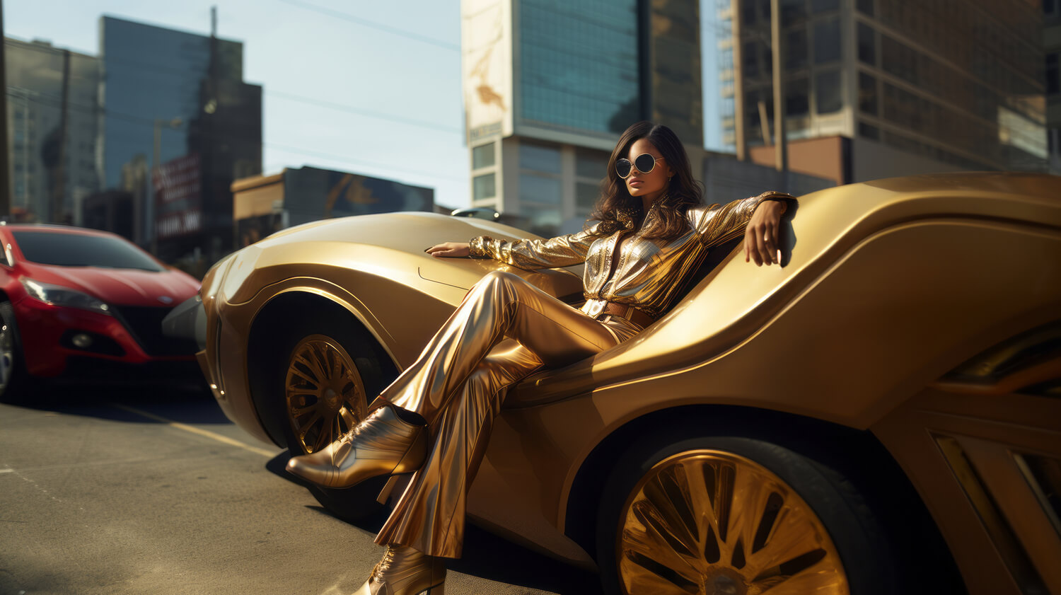 mujer sentada en coche dorado
