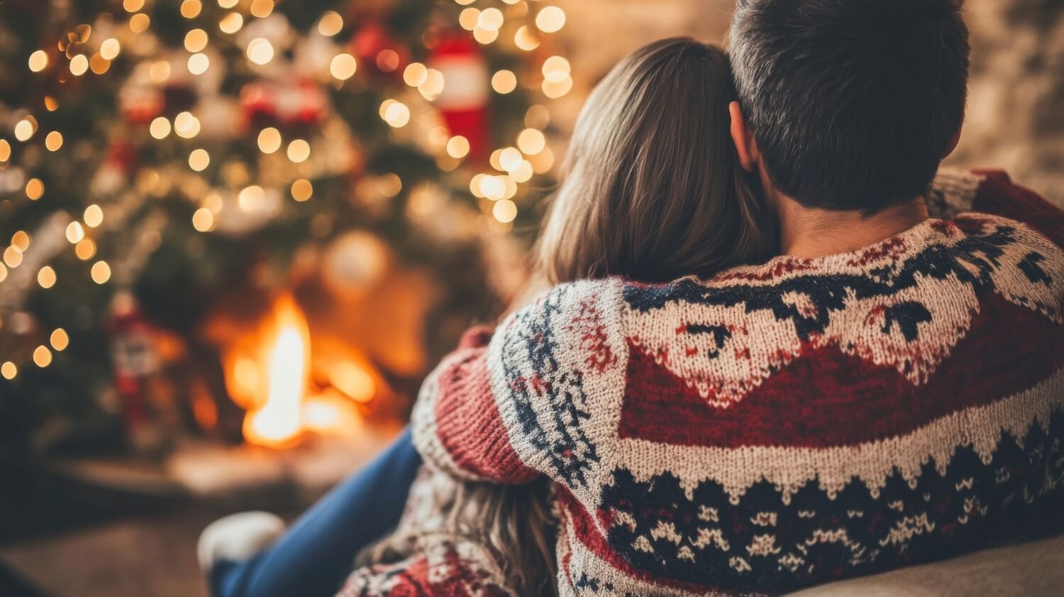 Pareja abrazada mirando un árbol de navidad