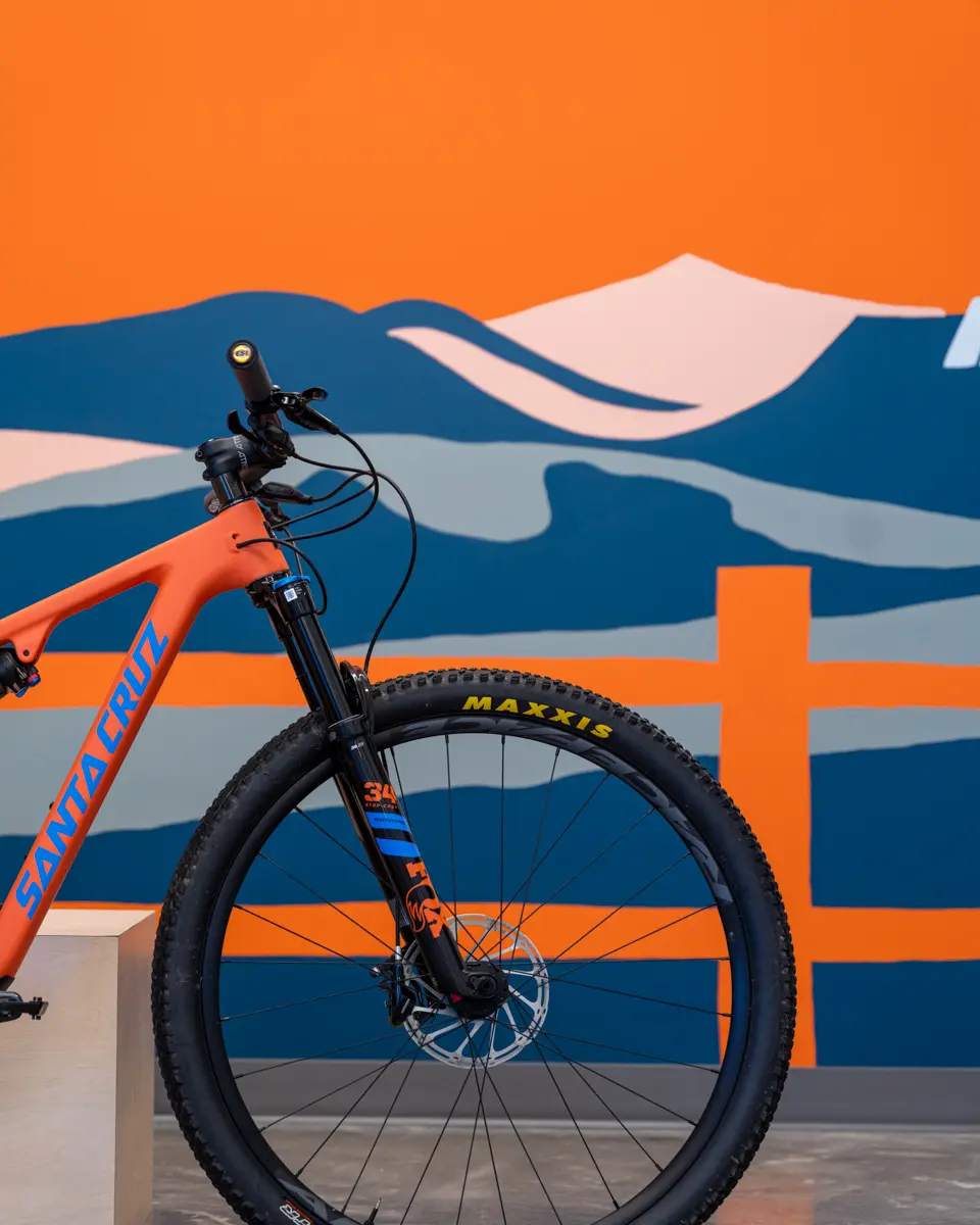 a bike parked in front of a mountain mural
