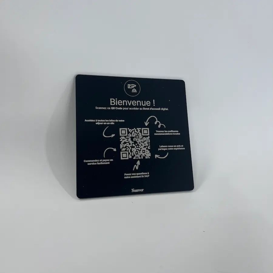 Photo of a square plexiglass QR code plate placed on a console.