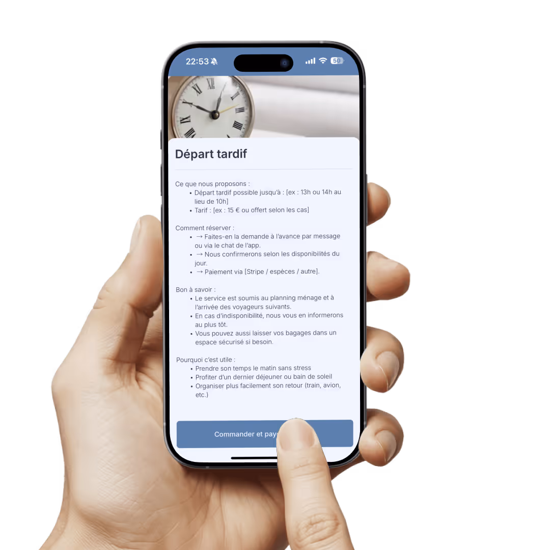 Hand holding a smartphone showing late departure booking option with order and pay button in Sunver guidebook.