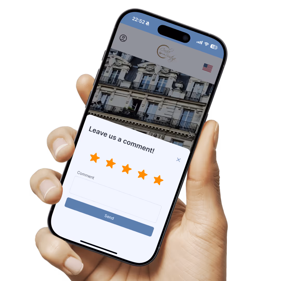 Hand holding a smartphone showing Sunver review request screen with five-star rating and comment box.