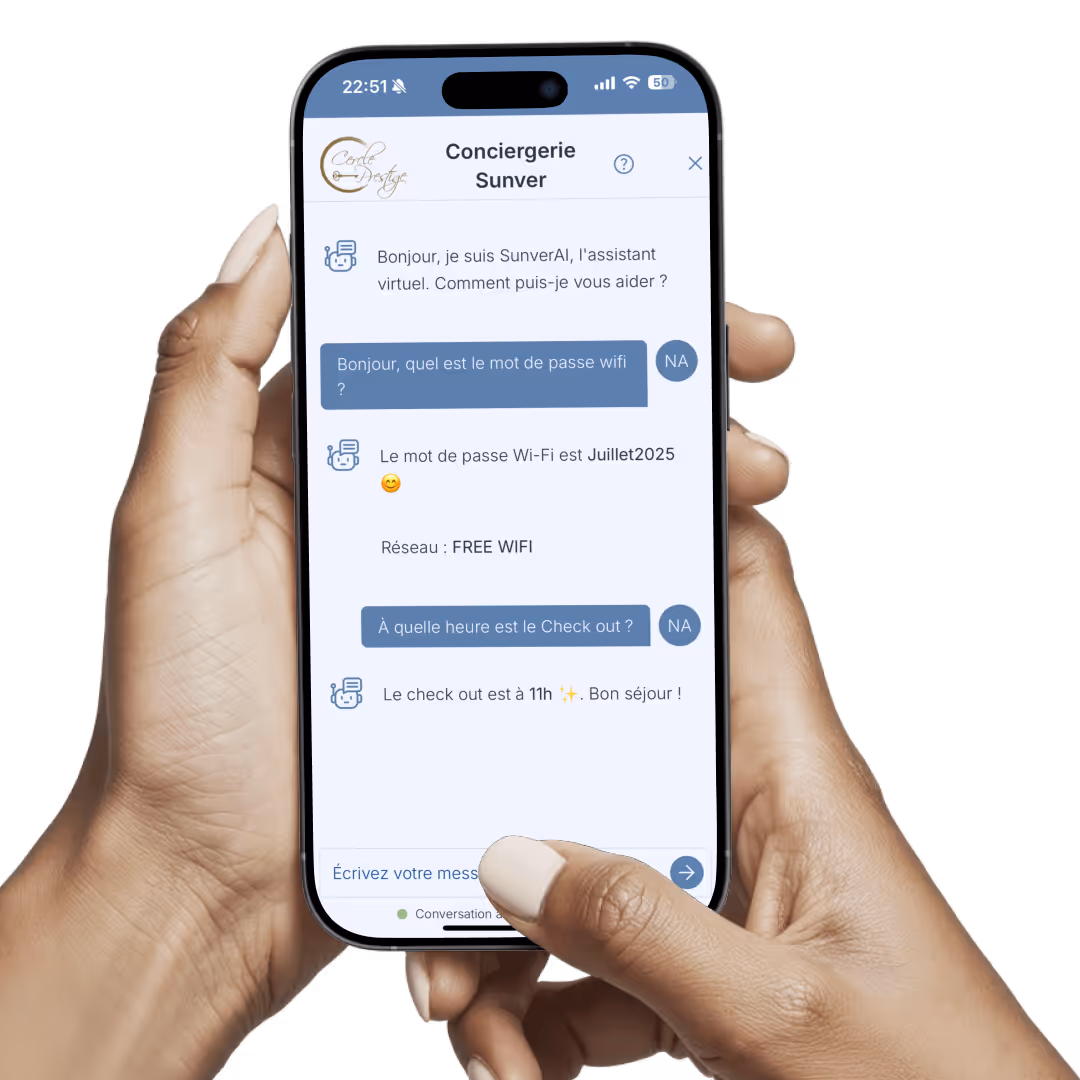 Hand holding a smartphone with Sunver AI assistant chat answering Wi-Fi and check-out questions in English.