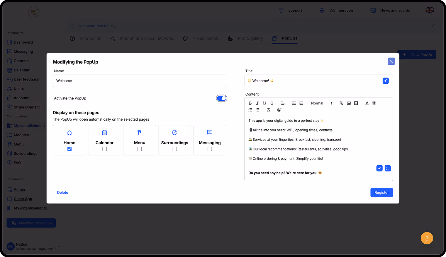 Sunver configuration of a welcome pop-up, displaying personalized content and selection of pages where the pop-up should appear.