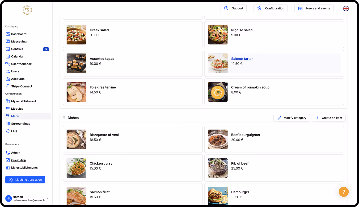 Sunver interface displaying the restaurant menu management with different dishes, prices, and options to edit or create items.