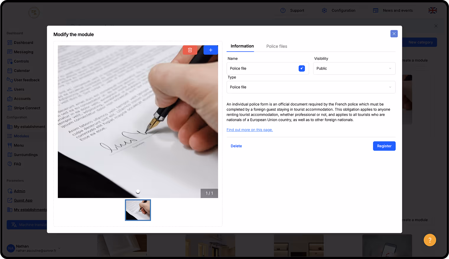 Sunver module for managing mandatory police forms for foreign guests, with input form and public visibility options.
