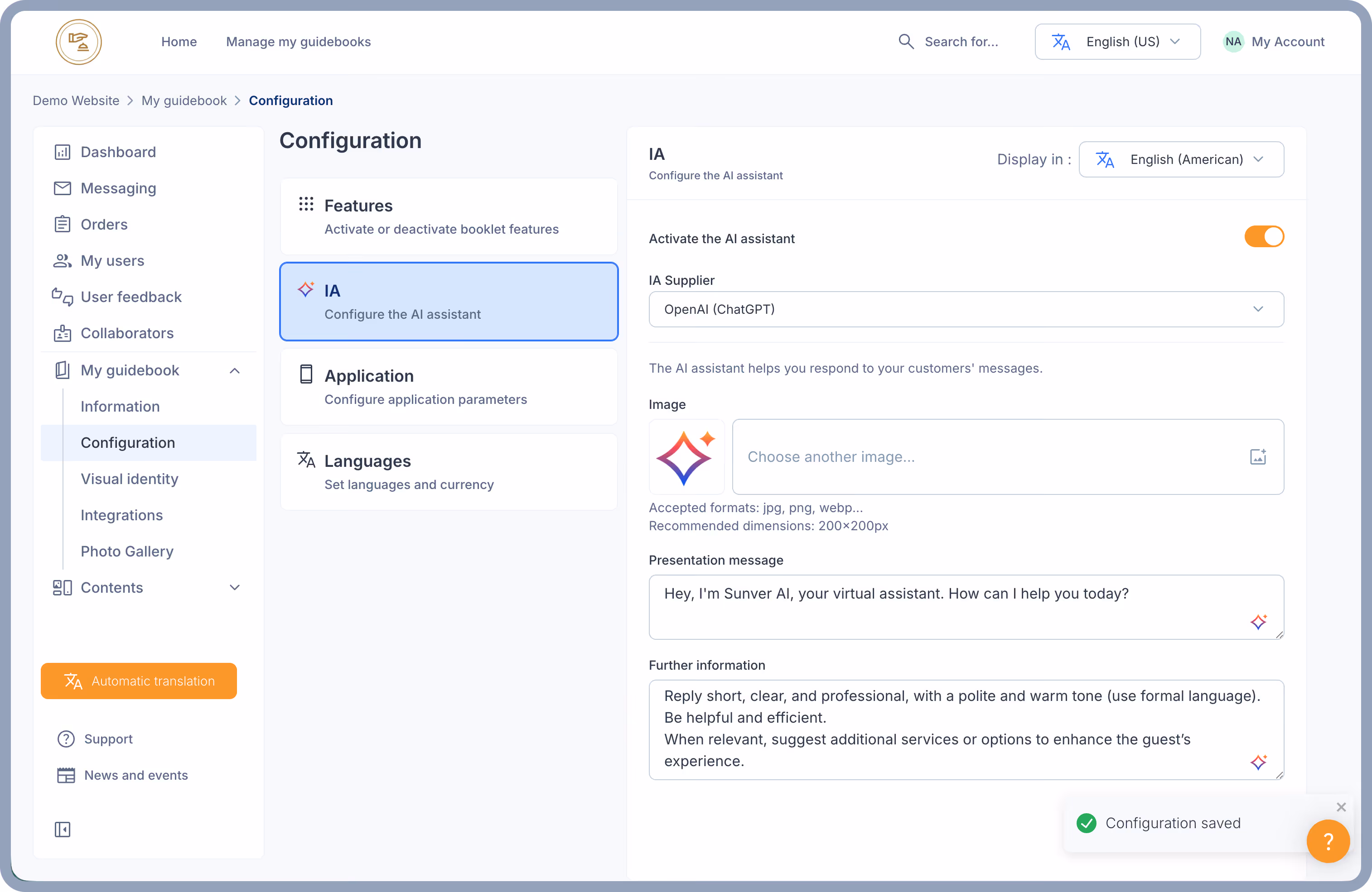 Mockup displaying the AI assistant settings page on the Sunver dashboard, a digital guest app for hospitality, showing automated responses and configuration tools for guest communication.