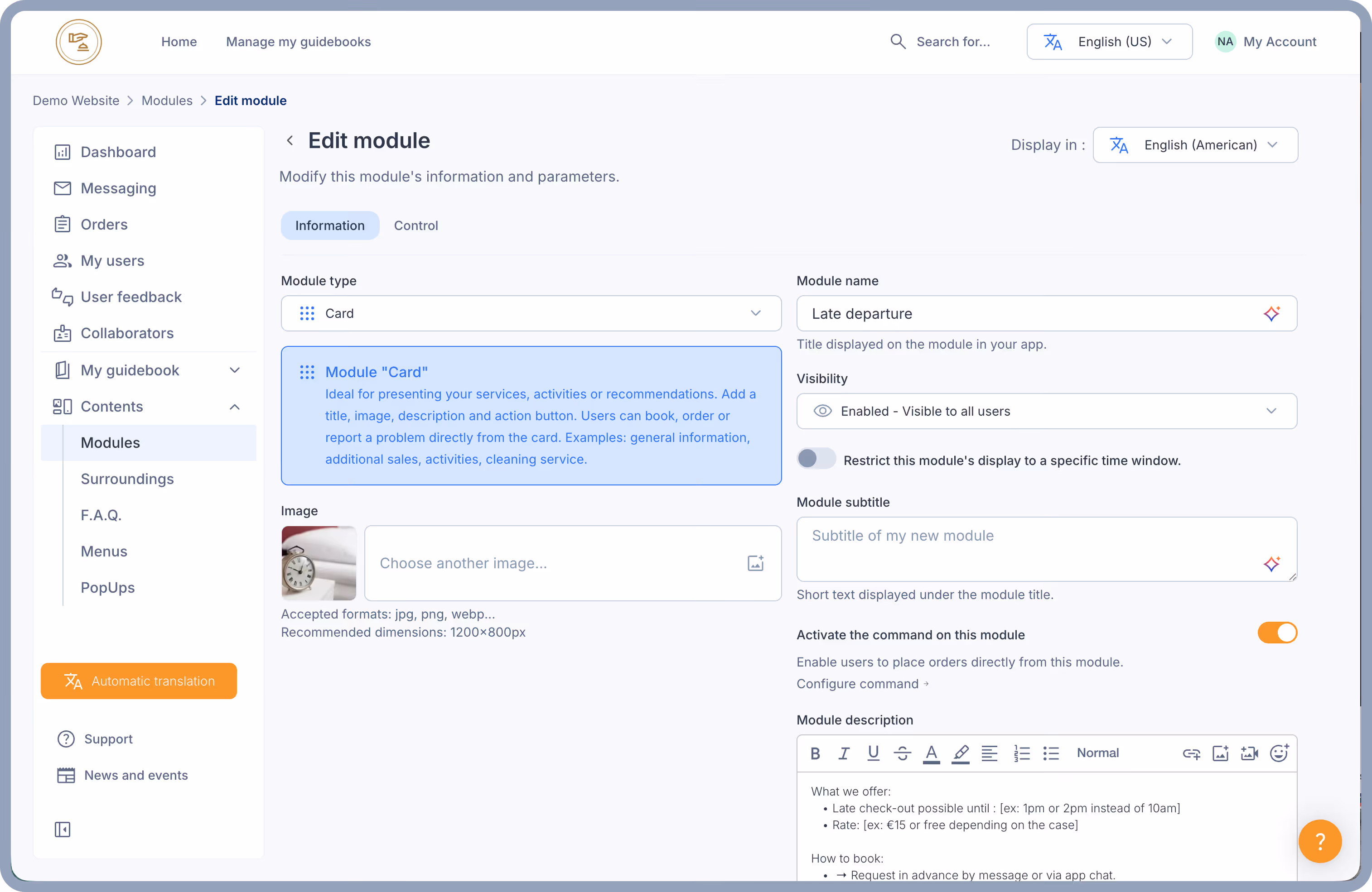 Mockup displaying the upsell and payment configuration page on the Sunver dashboard, showing additional services, pricing, and integrated payments for a digital guest app.