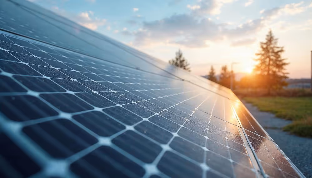 Nahaufnahme von Solarzellen mit Sonnenuntergang und Bäumen im Hintergrund.