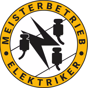 Goldener runder Meisterbetrieb Elektriker-Logo mit schwarzem Blitzsymbol und drei elektrischen Steckern in der Mitte.