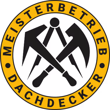 Logo mit gekreuztem Hammer und Dachdeckerwerkzeug, umgeben von gelbem Kreis mit Text 'Meisterbetrieb Dachdecker'.