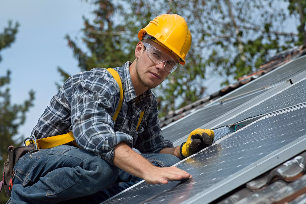 Handwerker in Schutzhelm und Schutzbrille montiert Solarmodule auf einem Dach bei klarem Himmel.